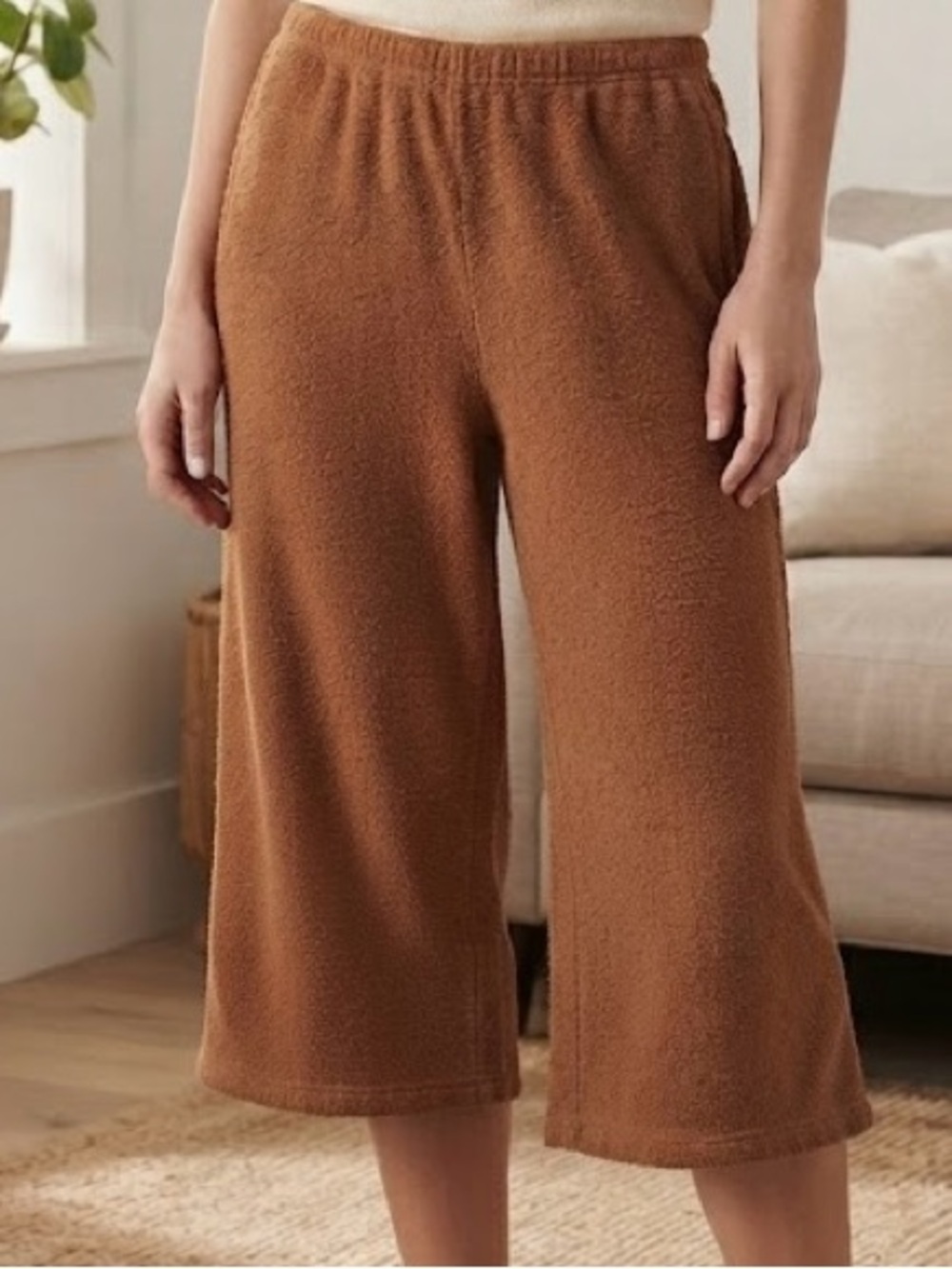 100% cotton American Vintage Plush Lounge cropped wide leg Pants in Warm Brown S
